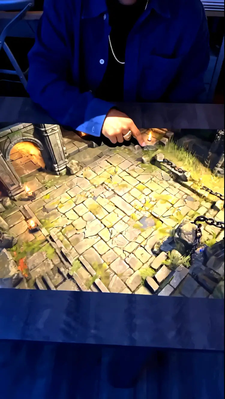 LUMX projector casting a dungeon map onto a D&D table