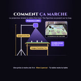 Comment ça marche : le projecteur sur son trépied éclaire la table d'en haut, image d'environ 1 m